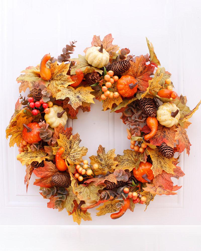   ChicMe Halloween Pumpkin Fall Wreath Autumn Wreath With Maple Leaves Berries Pinecones Harvest Wreath For Home Front Door Thanksgiving Decoration