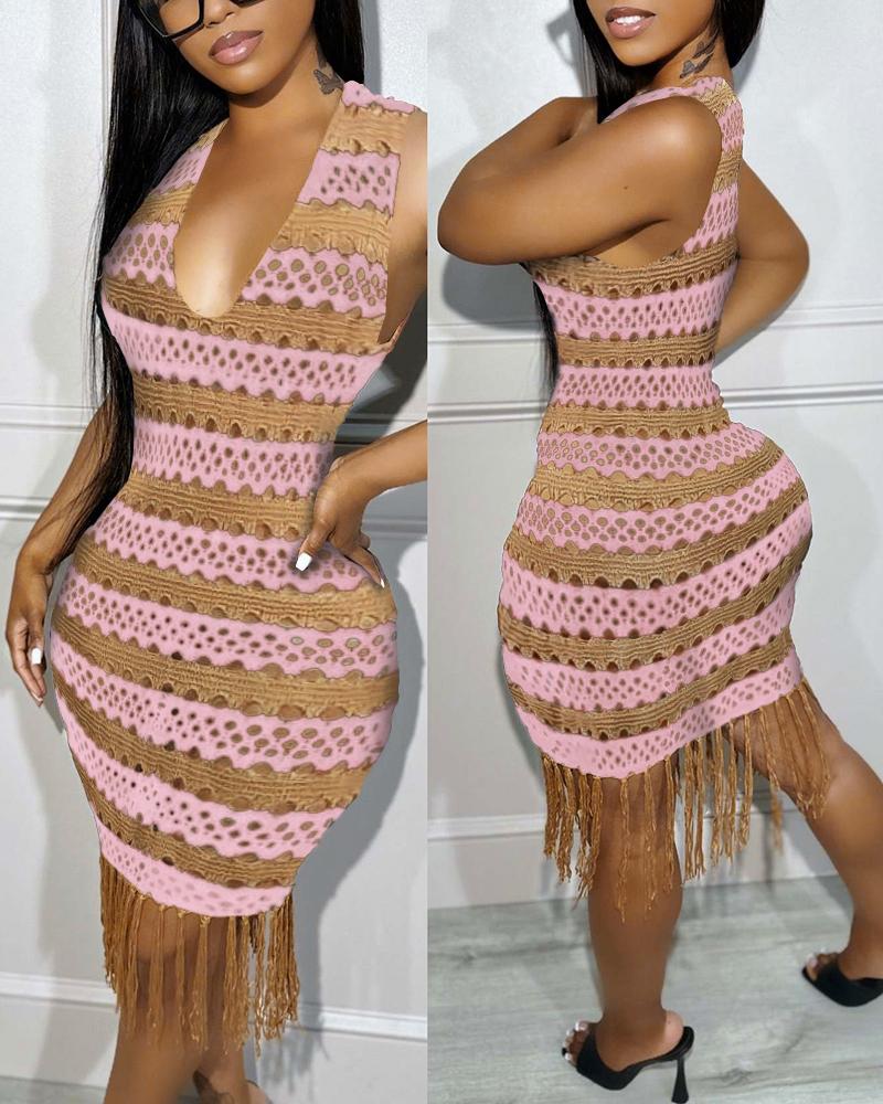   ChicMe Colorblock Tassel Design Crochet Cover Up Knit Dress