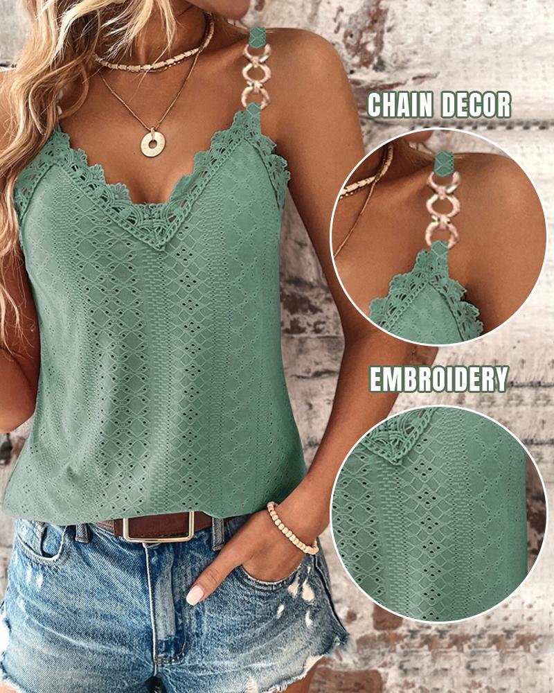 Chain Decor Eyelet Embroidery Lace Patch Tank Top