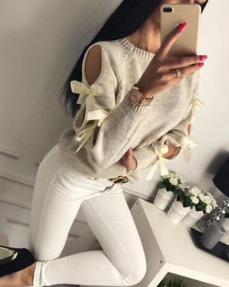Crew Neck Tie-Up Sleeve Sweater
