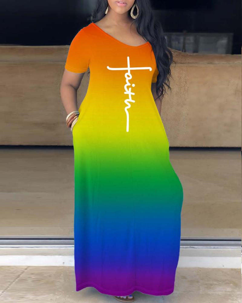 Plus Size Faith Print Rainbow Ombre Maxi Dress