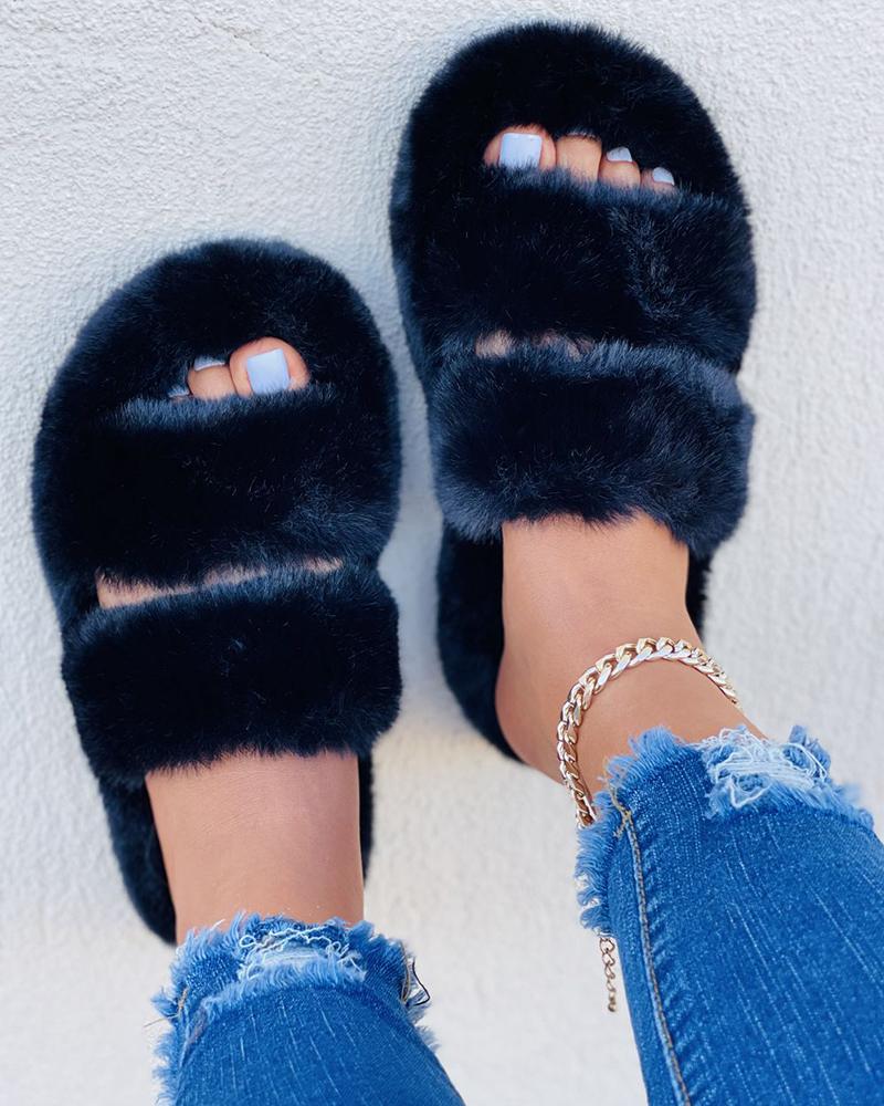 Fluffy Double Band Peep Toe Slippers