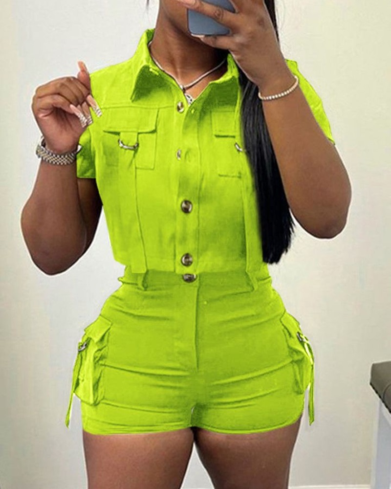 Flap Pocket Design Buttoned Top & Shorts Set