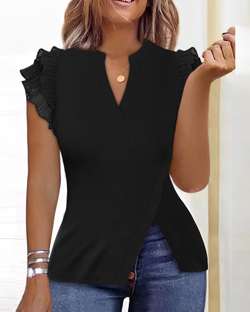 T-shirt & Tees Flutter Sleeve Split Hem Notch Neck Top