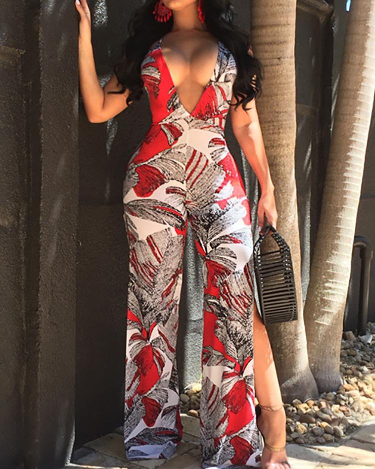 Leaf Print Plunge Strappy Back Slit Wide Leg Jumpsuit