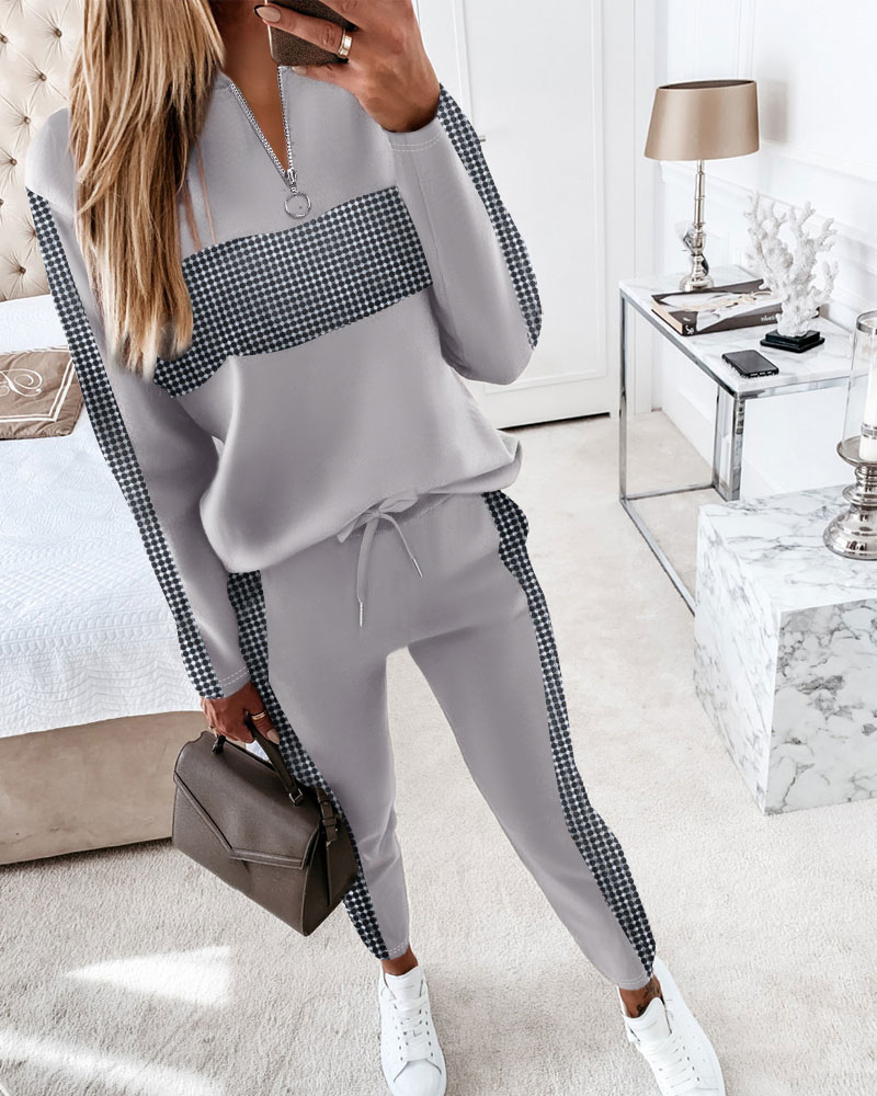 Plaid Print Zip Front Long Sleeve Top & Drawstring Pants Set