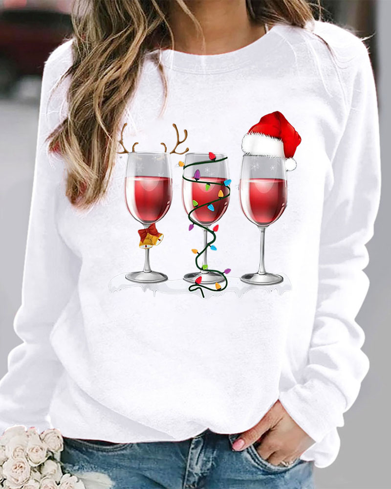 T-shirt & Tees Christmas Hat Wine Glass Print Long Sleeve Top