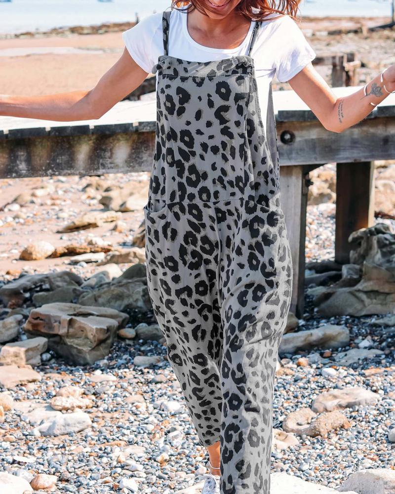 Leopard Print Sleeveless Pocket Design Jumpsuit