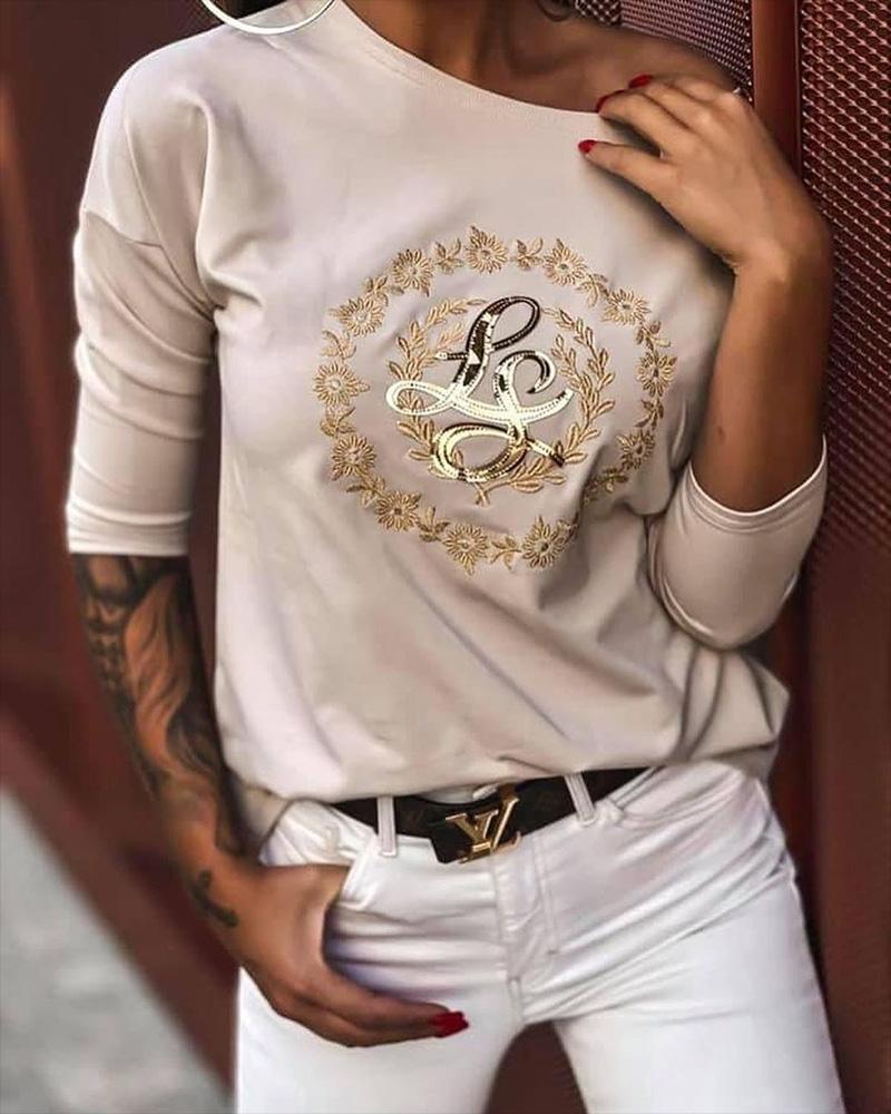 T-shirt & Tees  ChicMe Floral Embroidery Letter Pattern Long Sleeve Top