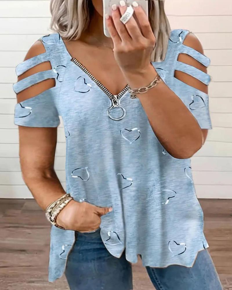 Plus Size Heart Print Ladder Cutout Zipper Design T-Shirt