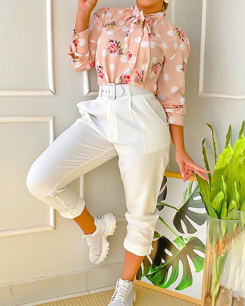 Floral Polka Dot Print Tied Detail Top & Pants Set