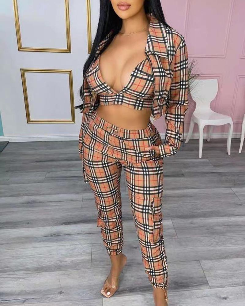 Plaid Print Crop Top & High Waist Pants Set With Coat