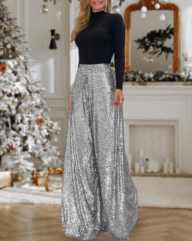 High Waist Sequin Wide Leg Flared Pants