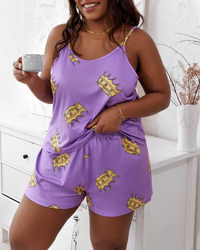 Plus Size Crown Print Spaghetti Strap Cami Set