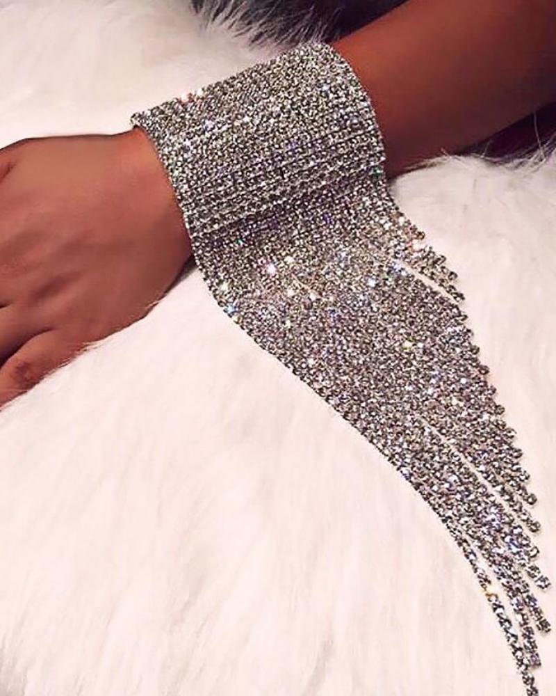 Rhinestone Asymmetrical Tassel Design Wide Bracelet