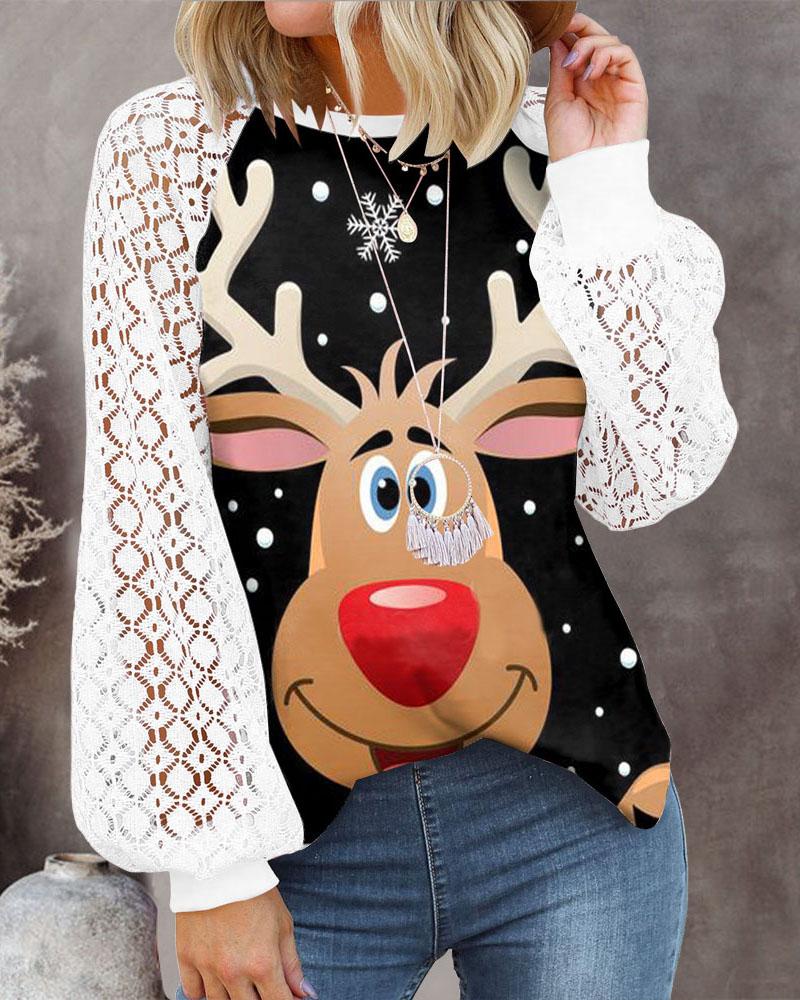 Christmas Snowflake Elk Print Contrast Lace Lantern Sleeve Top