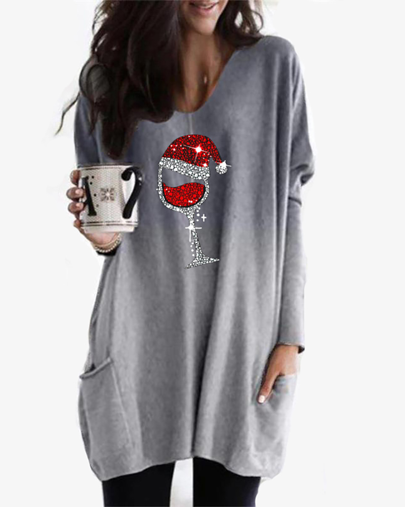 T-shirt & Tees Gigot Sleeve Wine Glasses Print Ombre Top