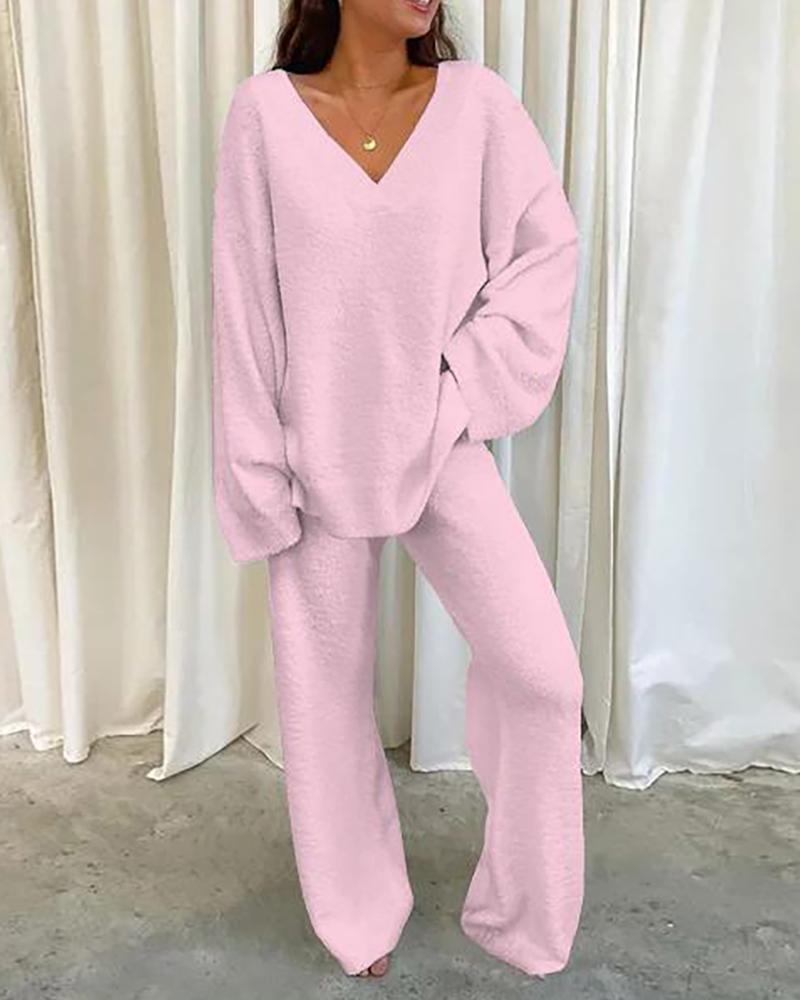 V-Neck Long Sleeve Casual Top & Pants Set