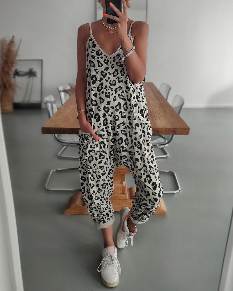 Leopard Print Spaghetti Strap Jumpsuit