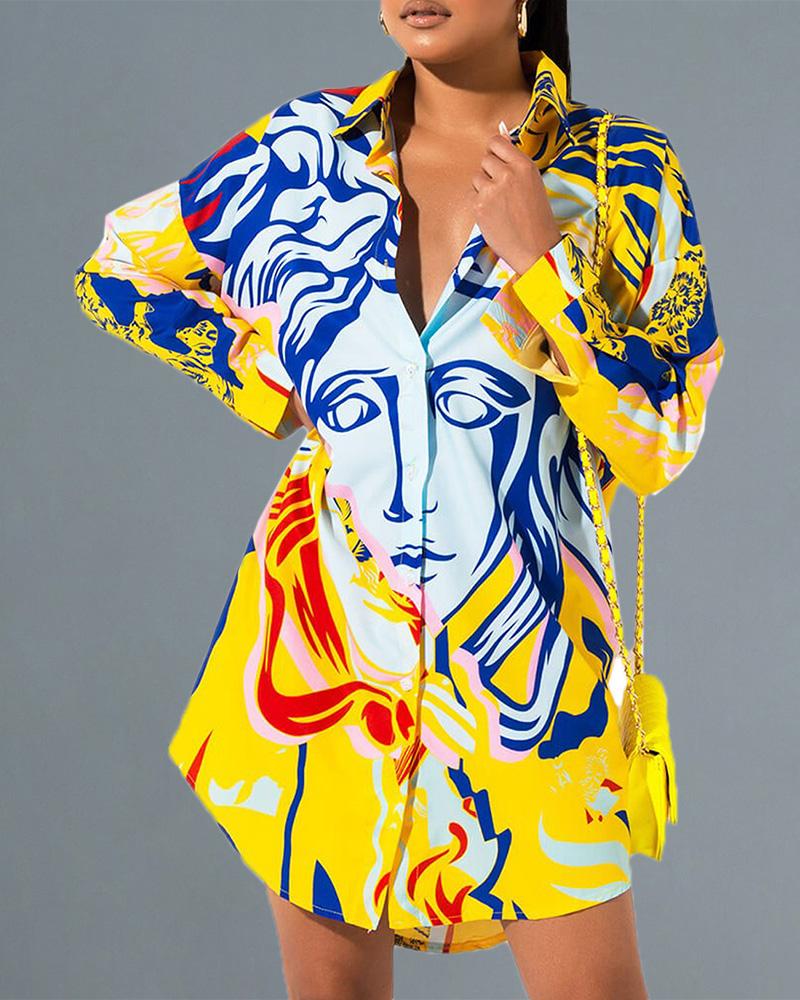 Abstract Print Long Sleeve Casual Shirt Dress