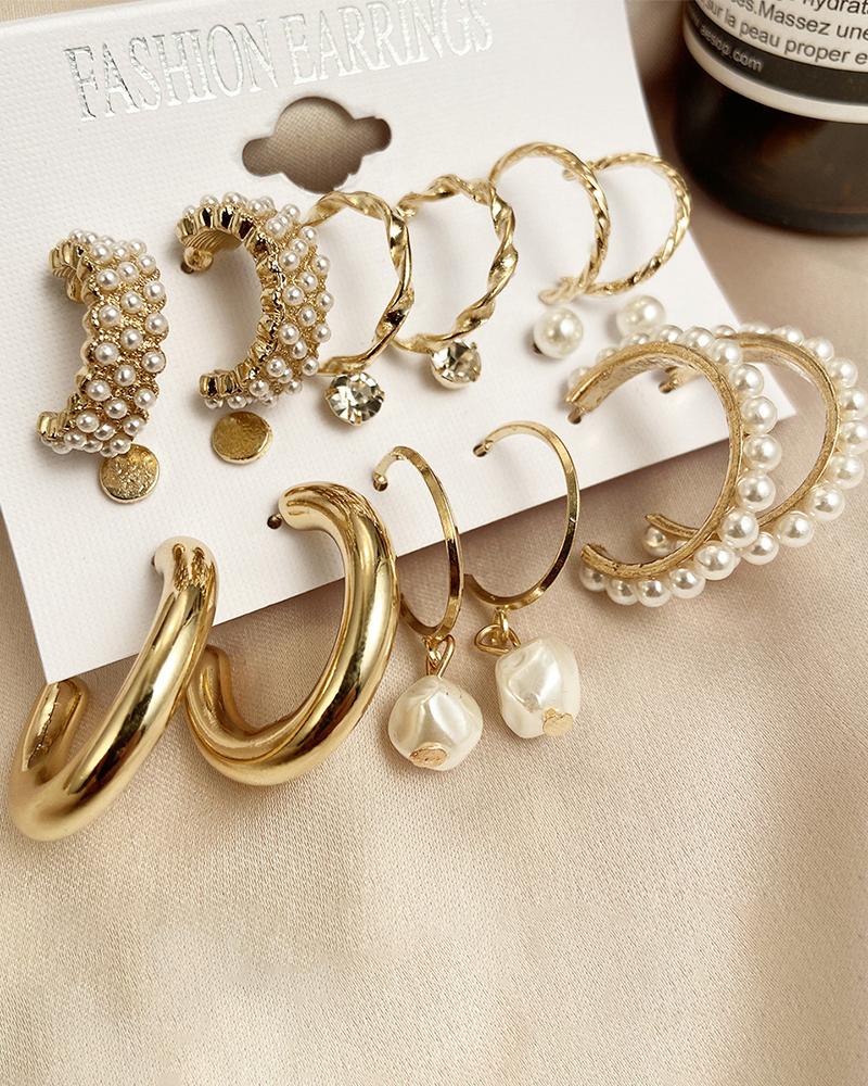 6 Pairs Retro Pearls Decor Hoop Earring