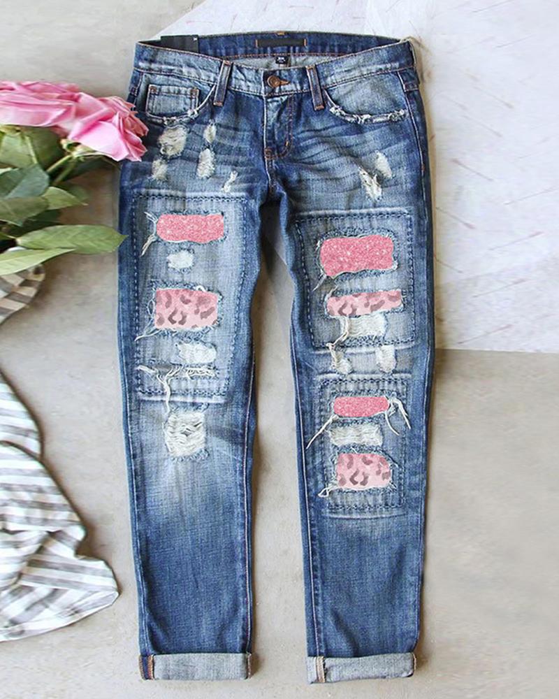 Valentine's Day Contrast Cheetah Print Ripped Jeans