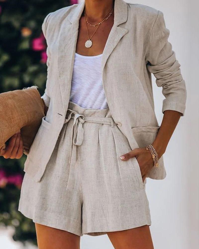 Single Button Casual Blazer Coat & Tied Detail Shorts Set