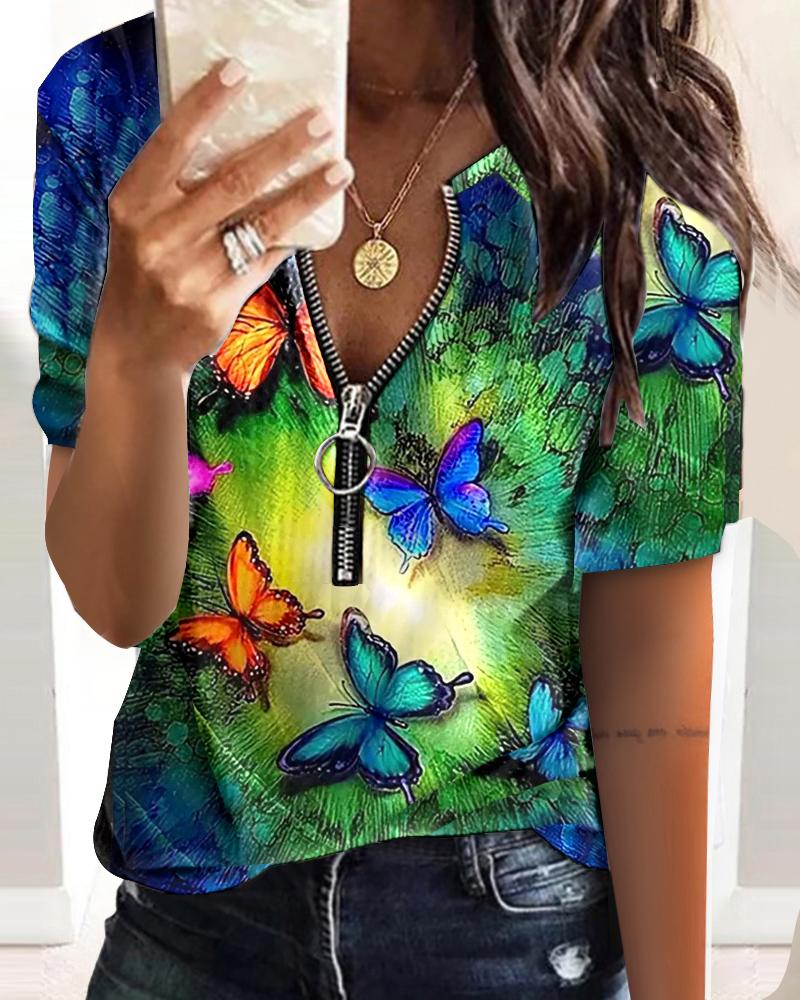 T-shirt & Tees  ChicMe Butterfly Print Short Sleeve Zip Front Top