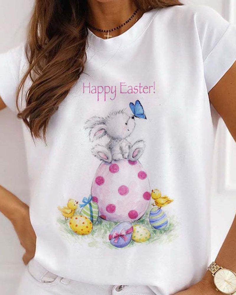 T-shirt & Tees  ChicMe Happy Easter Bunny Polka Dot Egg Butterfly Print Casual T-shirt