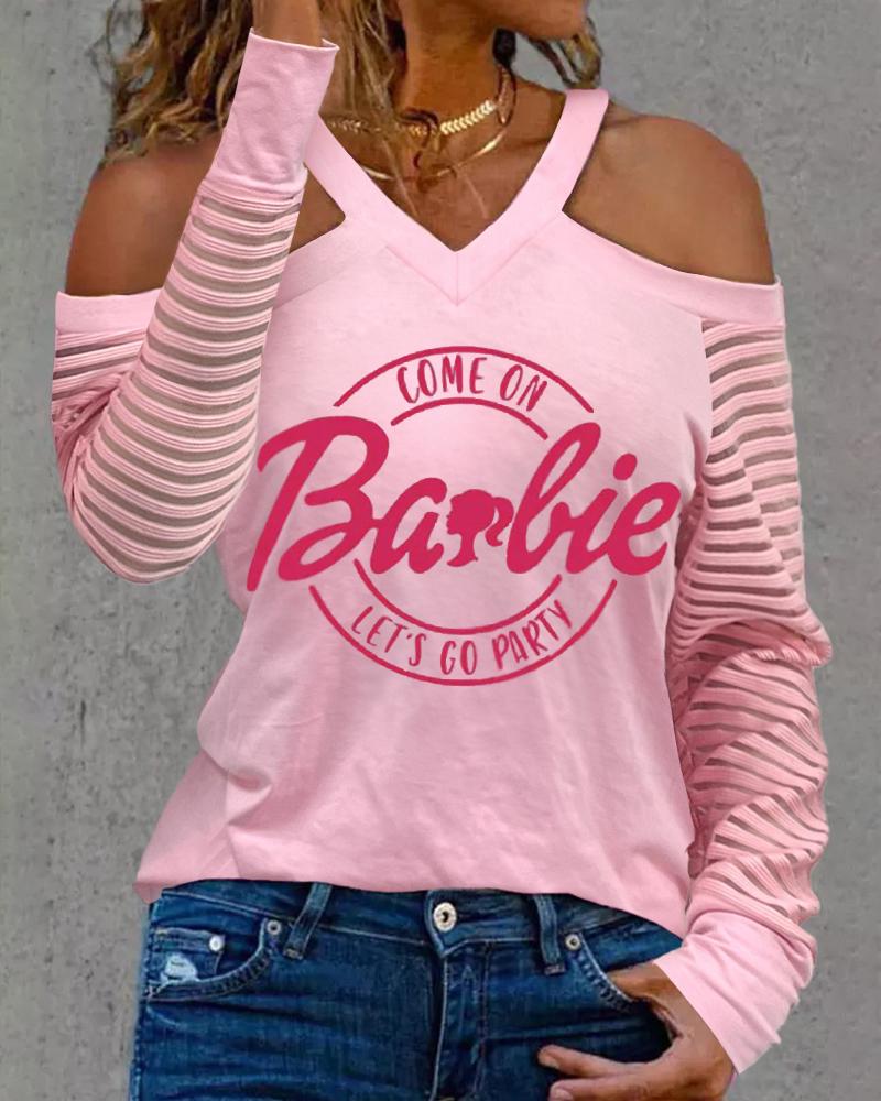 T-shirt & Tees Barbie Letter Print Striped Cold Shoulder Top