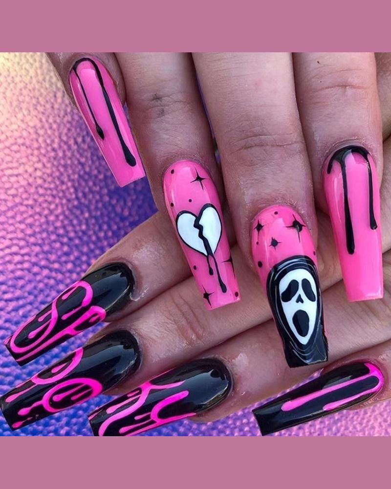   ChicMe 1Sheet Halloween Press on Nails Long Ghost Face Design Full Cover Fake Coffin Nails