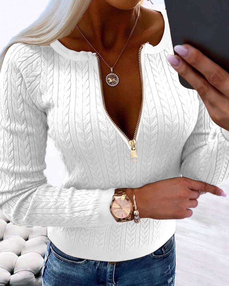 Round Neck Zipper Design Cable Knit Sweater