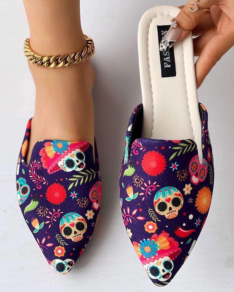 Halloween Skull Head Print Slippers Point Toe Mules