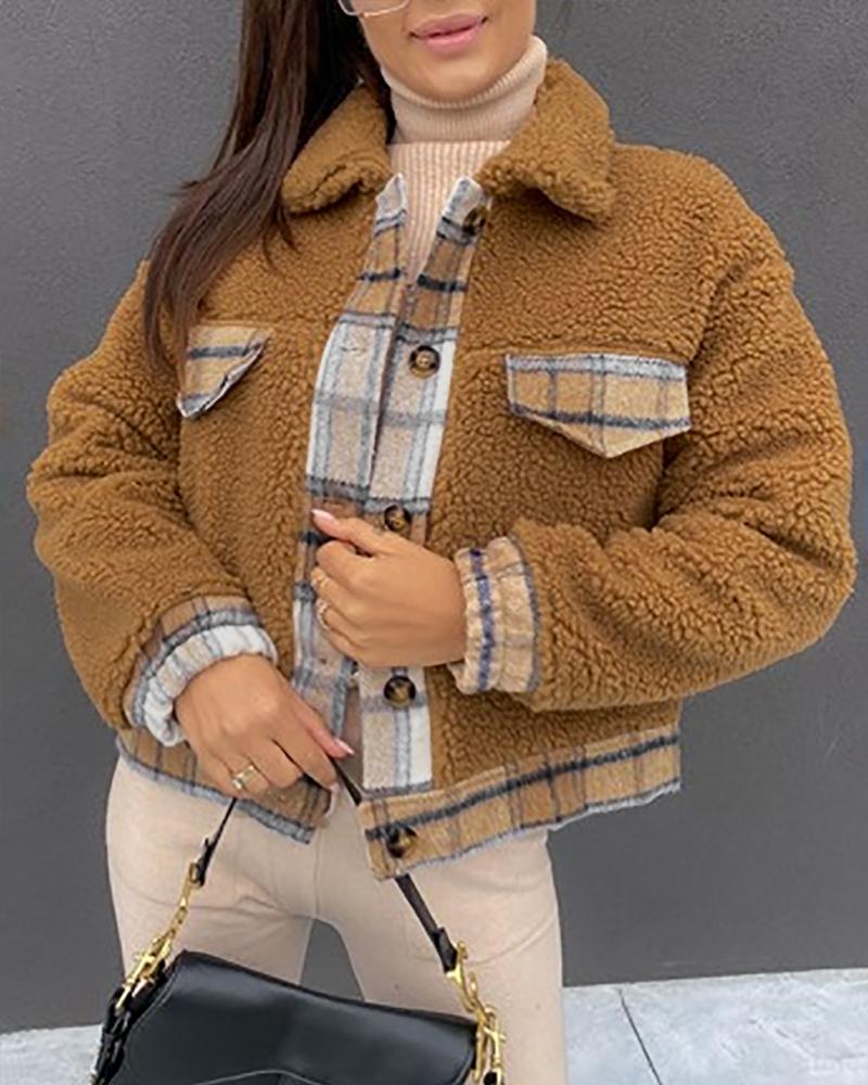 Plaid Print Pocket Design Teddy Coat