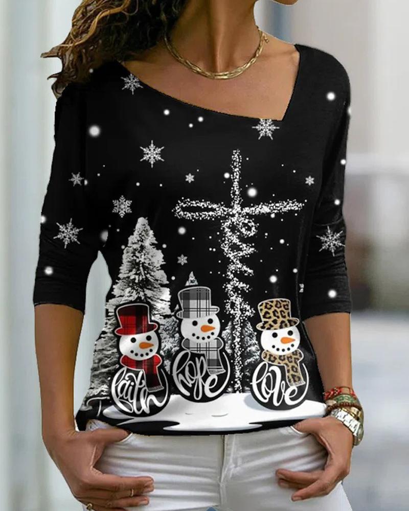 T-shirt & Tees  ChicMe Christmas Snowman Print Asymmetrical Neck Top