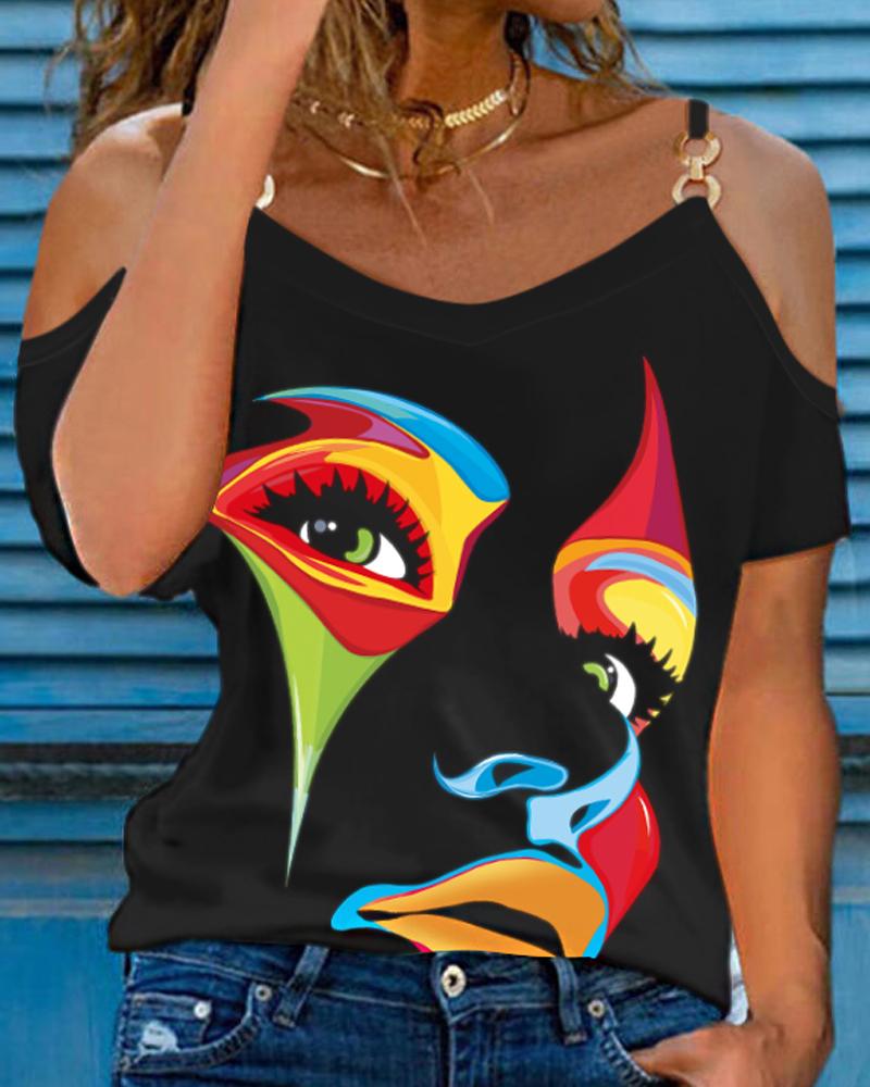 T-shirt & Tees Abstract Figure Print Cold Shoulder Top