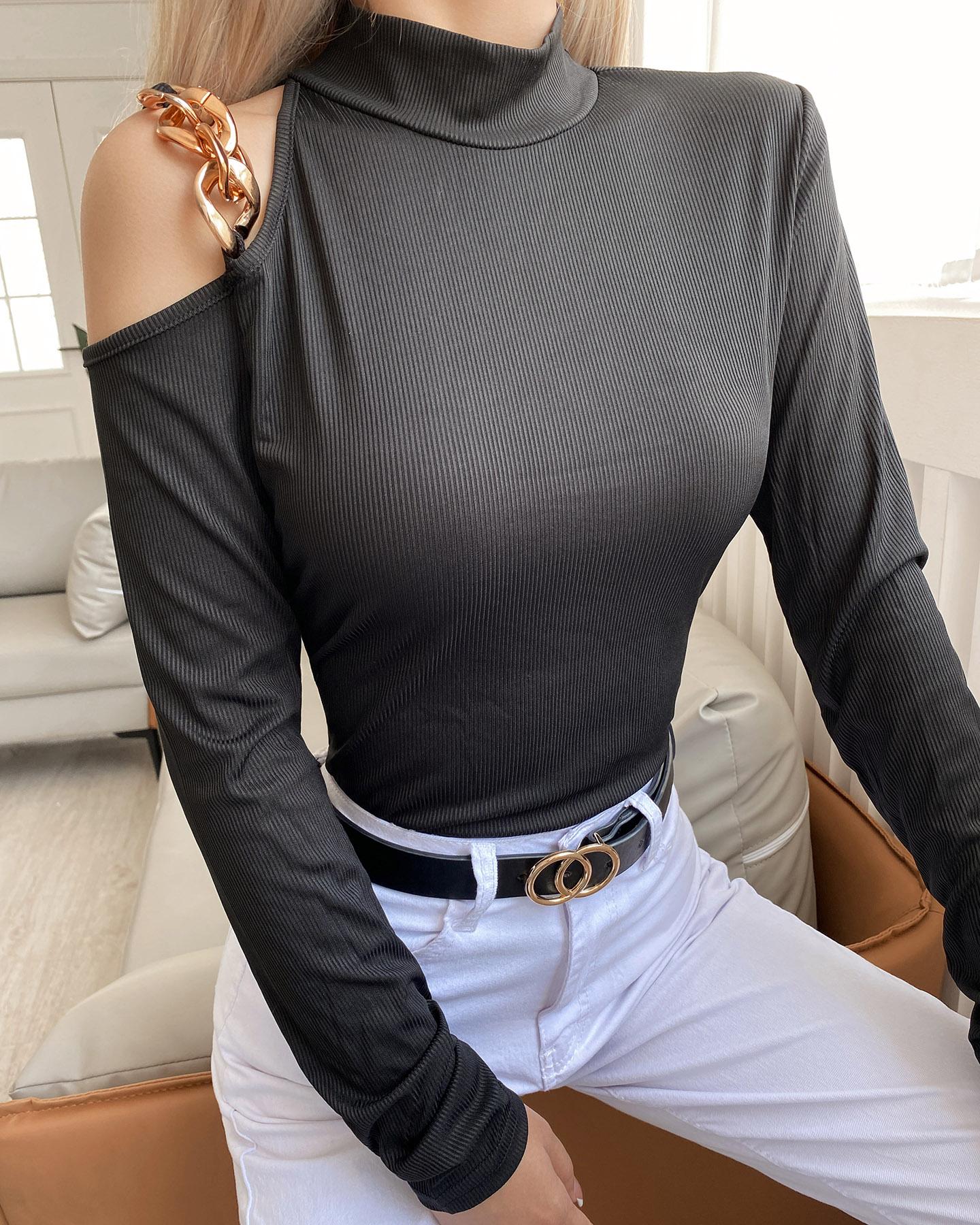 T-shirt & Tees Chain Strap One Shoulder Long Sleeve Top