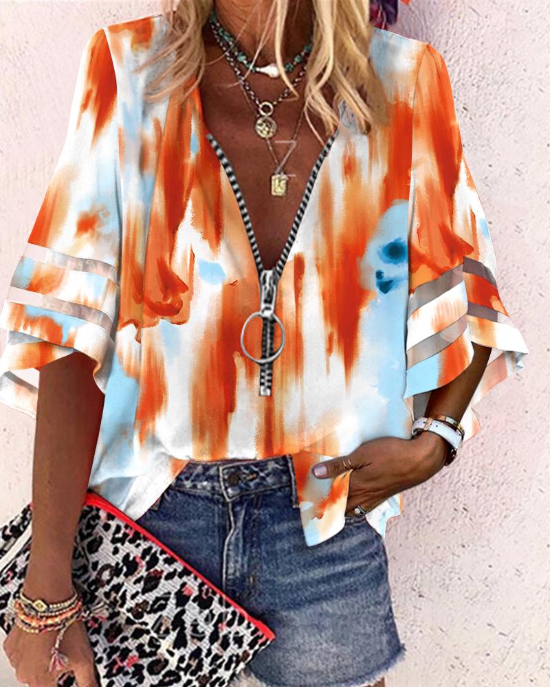 Tie Dye Print Zip Front Bell Sleeve Top
