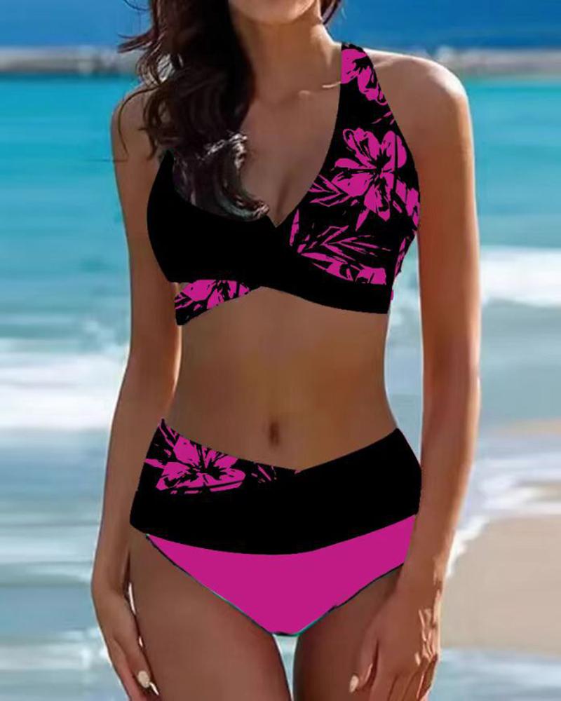 Floral Print Colorblock V-Neck Crisscross Bikini Set