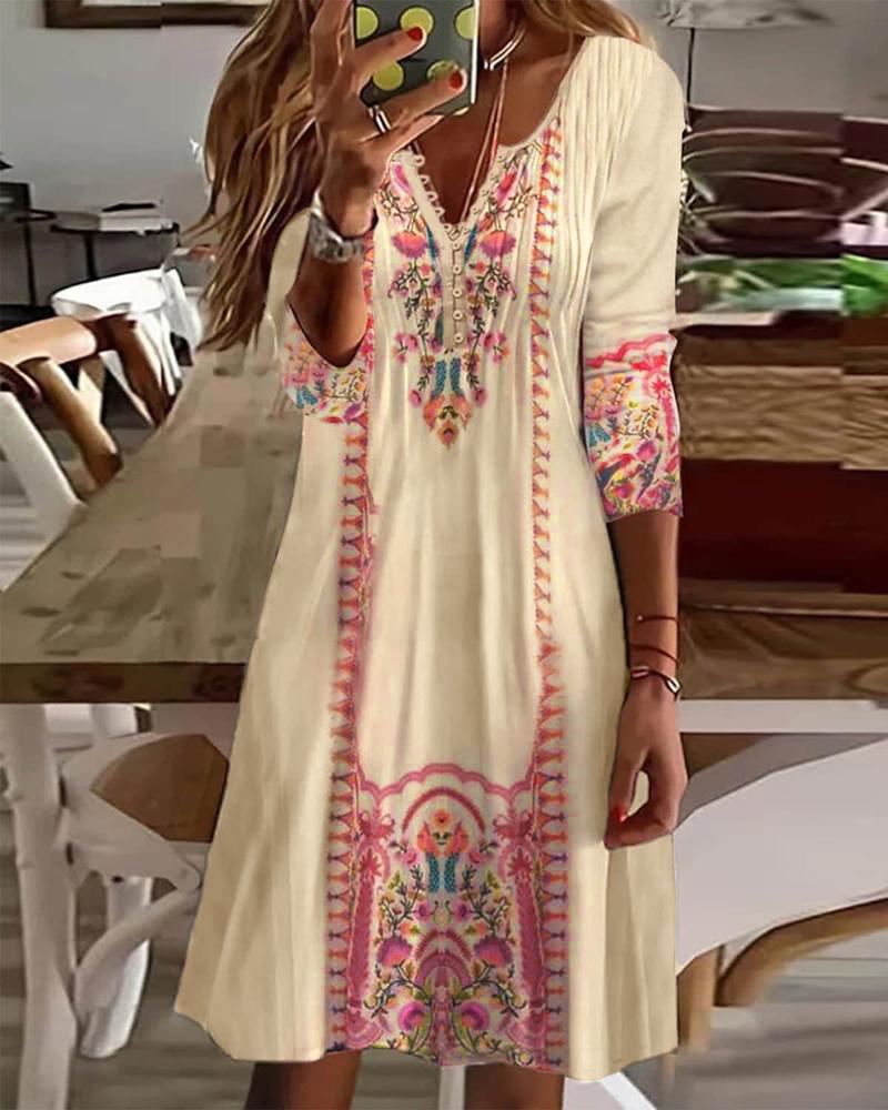 Tribal Print Button Detail Long Sleeve Casual Dress