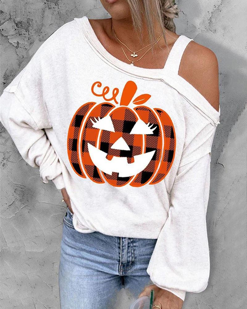 Halloween Pumpkin Print Cold Shoulder Top