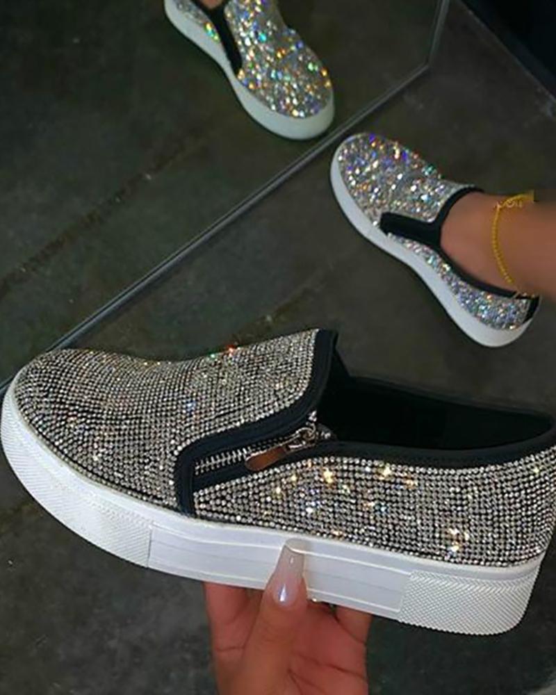 Rhinestone Zipper Design Close Toe Platform Shoes