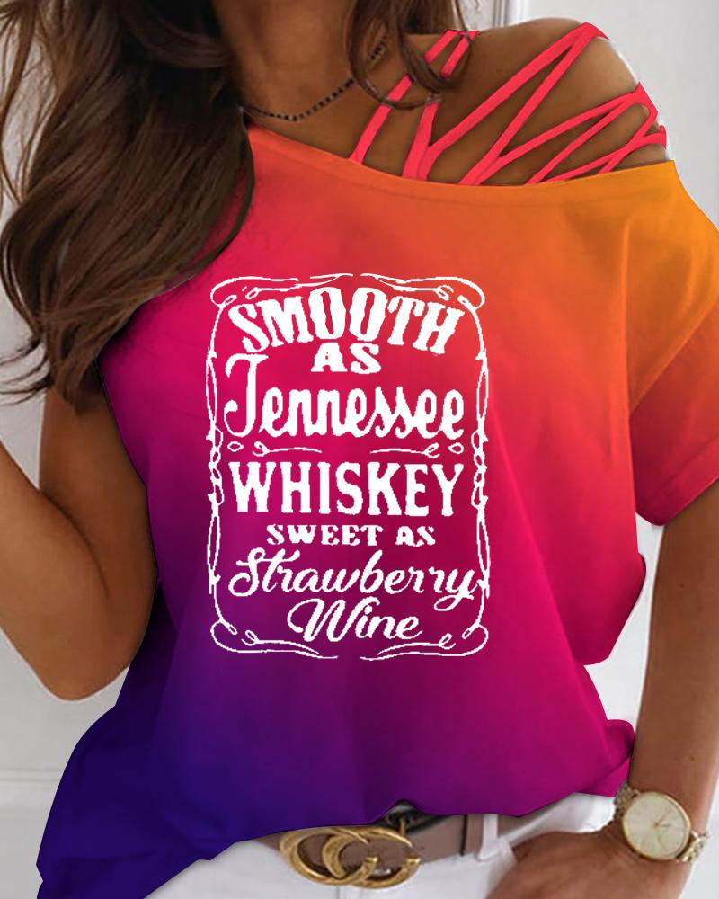 T-shirt & Tees  ChicMe Smooth As Tennessee Whiskey Sweet As Strawberry Wine Ombre Print Cold Shoulder Top