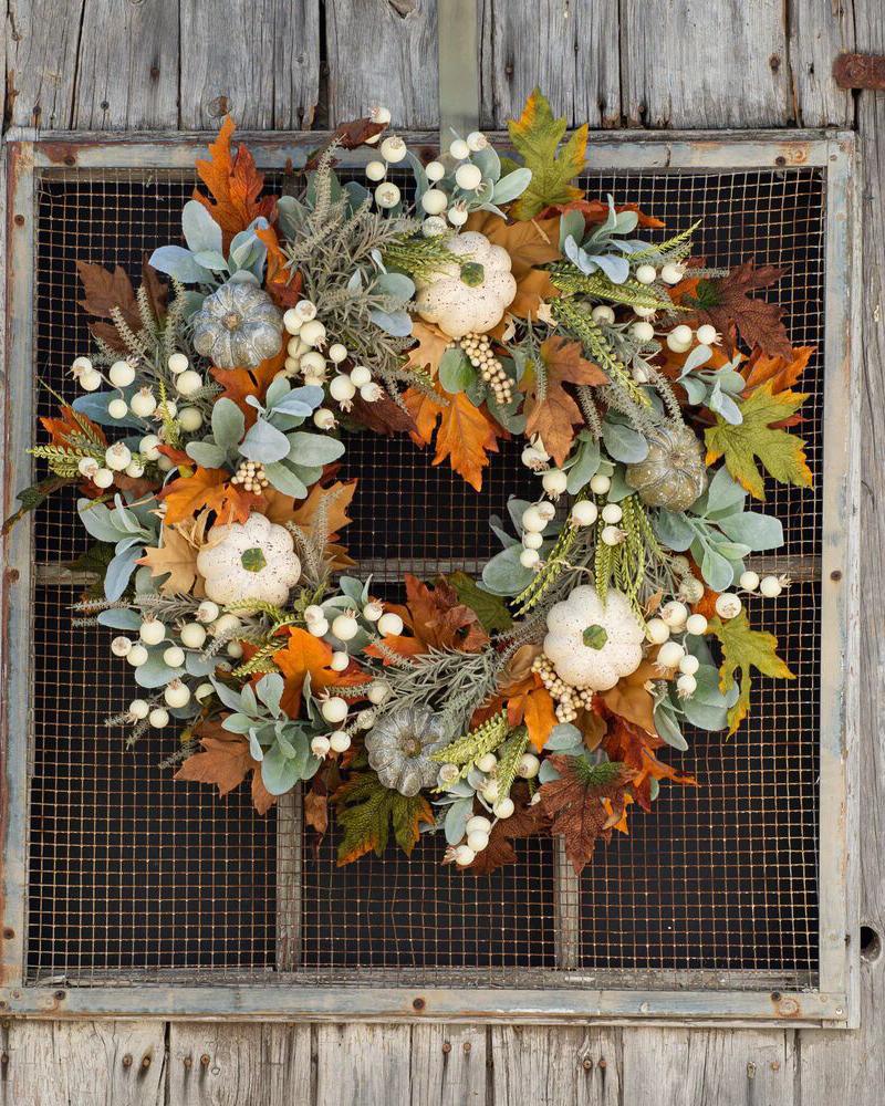  1pc Christmas Wreath Autumn Thanksgiving Wreath With Pumpkin Maple Leaf Front Door Stairway Window Indoor Outdoor Decoration