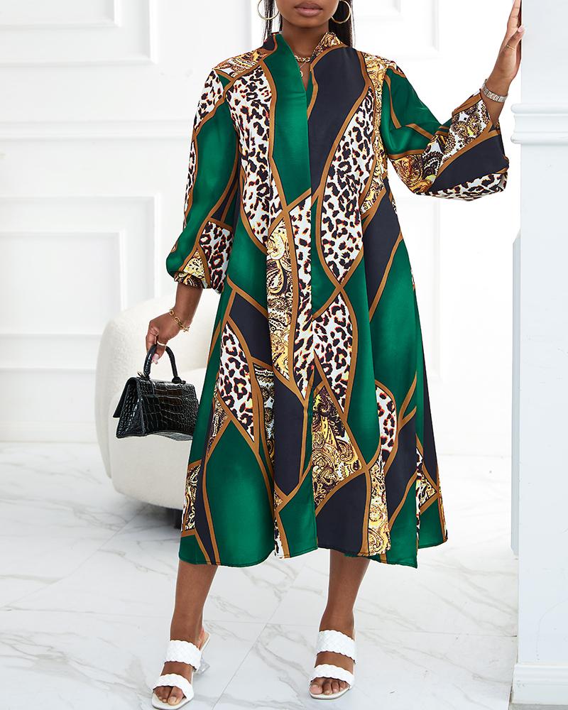 Baroque Leopard Print Lantern Sleeve Slit Casual Dress
