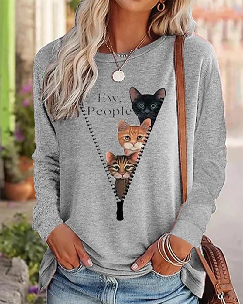 Letter Cat Print Long Sleeve Sweatshirt