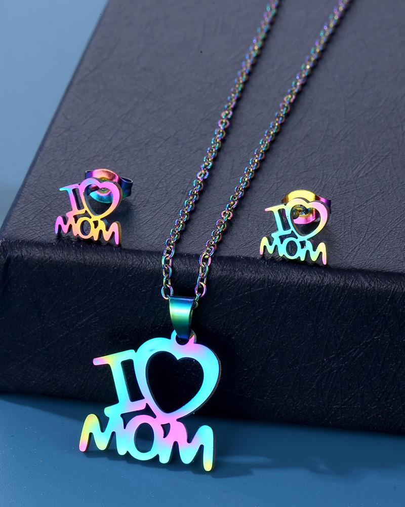 2pcs Mother's Day Gift Hollow Out I Love Mom Letter Pendant Necklace & Stud Earrings Jewelry Set