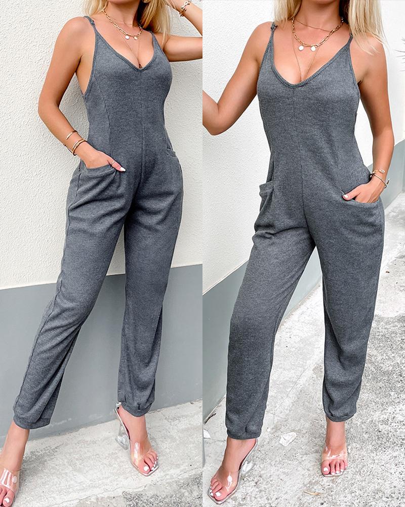 Sleeveless Overalls Pocket Design V-Neck Jumpsuit