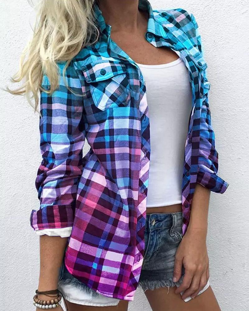 Colorblock Plaid Print Long Sleeve Top
