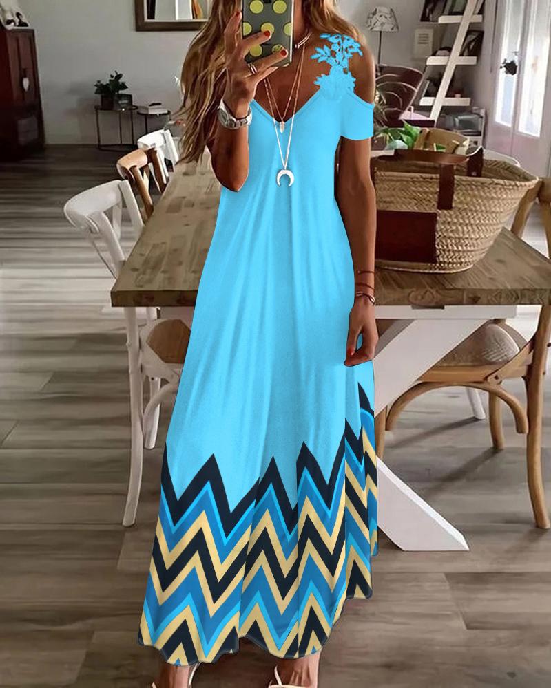 Chevron Print Contrast Lace Cold Shoulder Maxi Dress